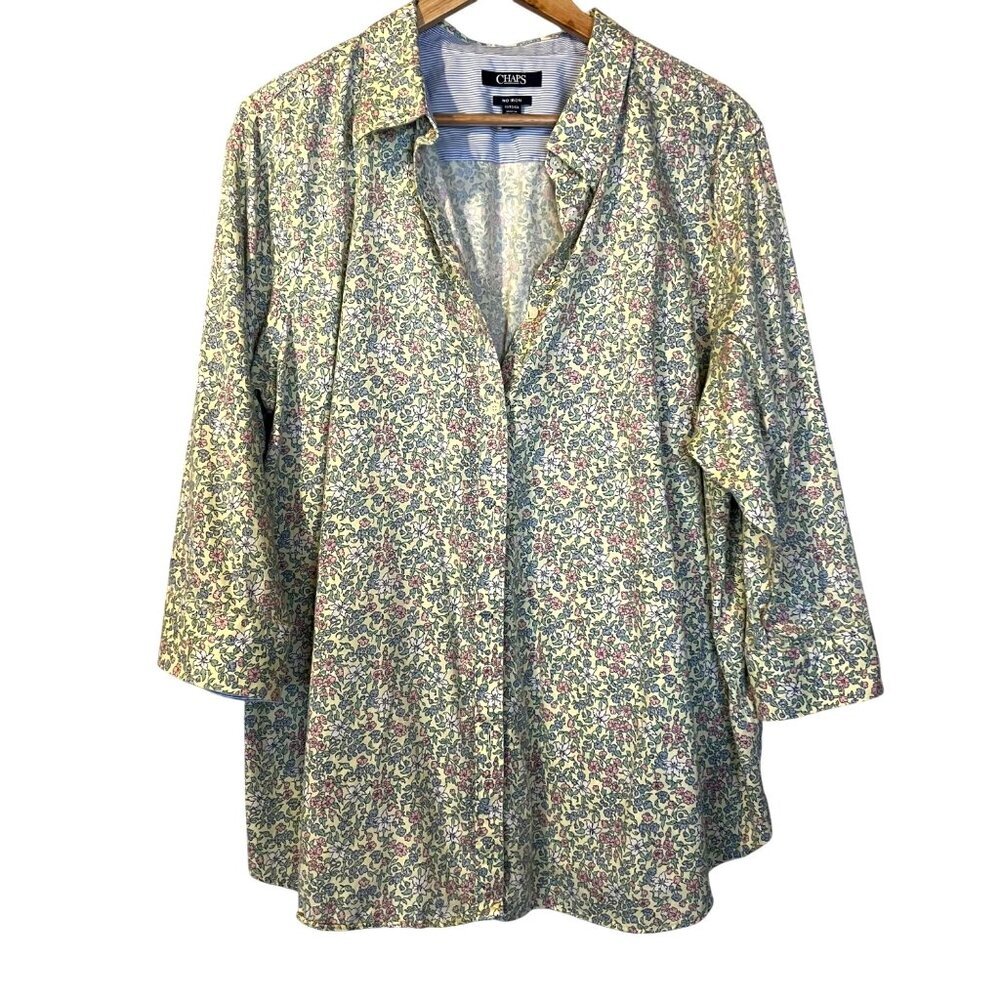 Chaps Floral No‎ Iron Button Up Shirt 1X Butter Yellow Pastel Office Preppy